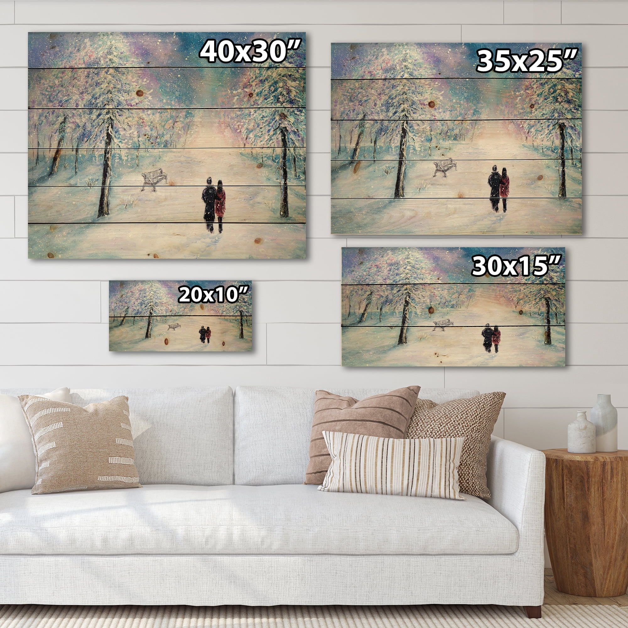 Designart 'Couple In Love Walks During Snowy Winter Times' Traditional Print on Natural Pine Wood