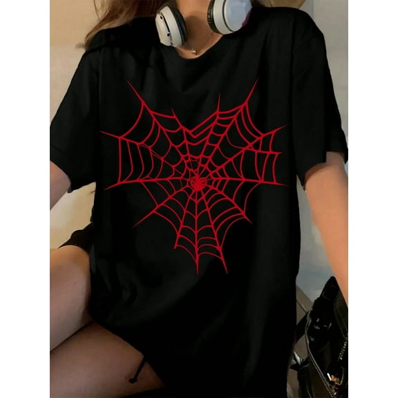 Oversized Black T Shirt with Red Spider Web Graphic