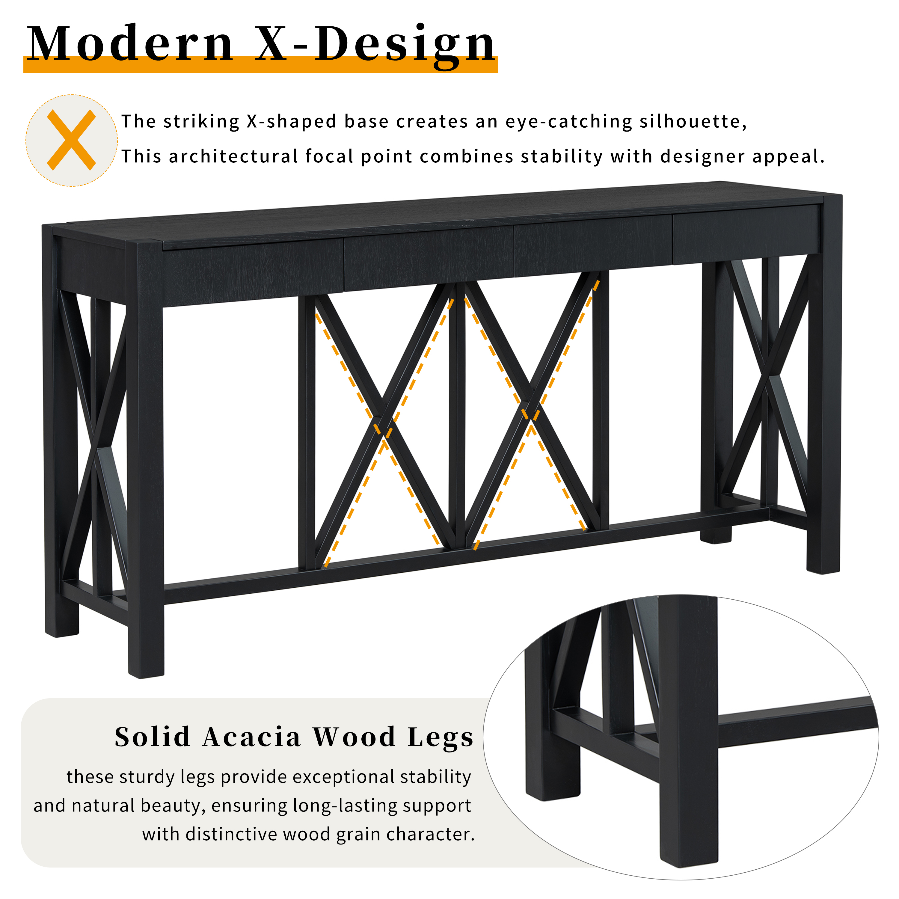 Euroco 60" Wood Console Table with 4 Drawers,Farmhouse Narrow Long Entryway Table Sofa Table with Open Bottom Storage for Living Room,Kitchen,Hallway,Black