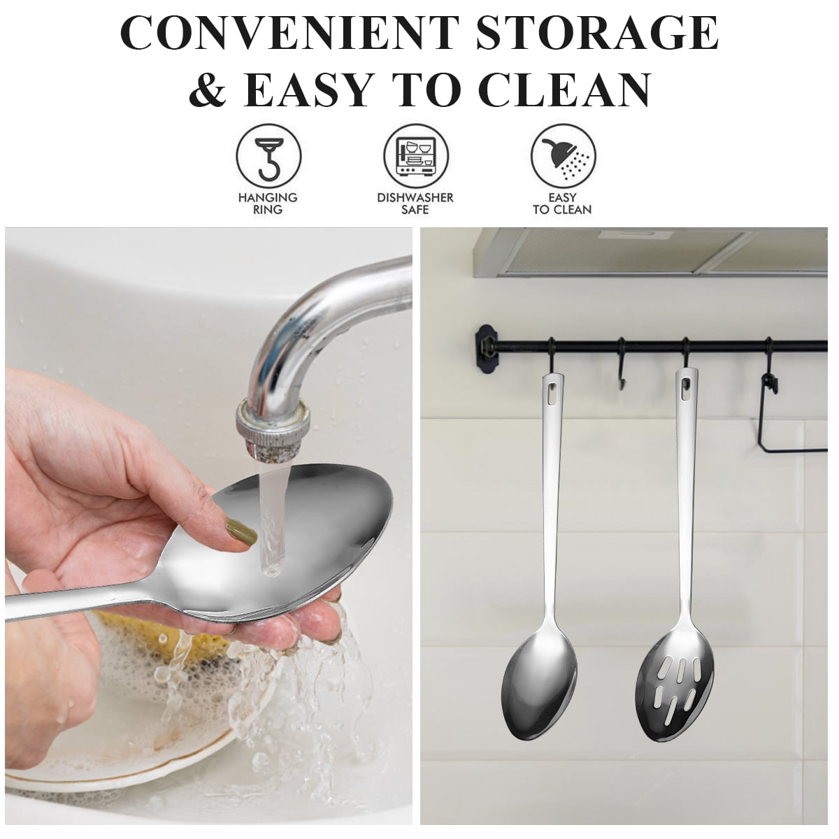ReaNea Silver Cooking Spoon Set, Stainless Steel Kitchen Cooking Serving, Solid Spoon and Slotted Spoon Pack of 2