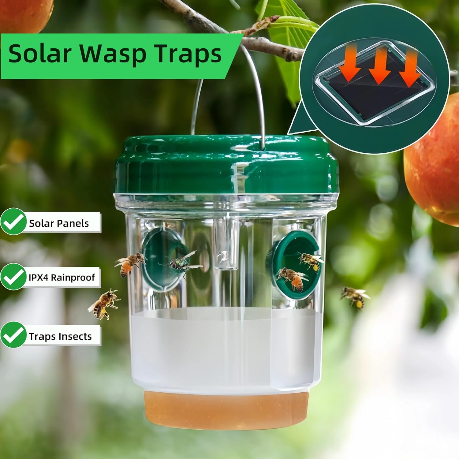 4-Pack Solar Wasp Traps Outdoor Hanging – LED Bee & Hornet Trap, Yellow Jacket Catcher, Reusable Wasp Deterrent for Garden, Orchard & Indoor Use