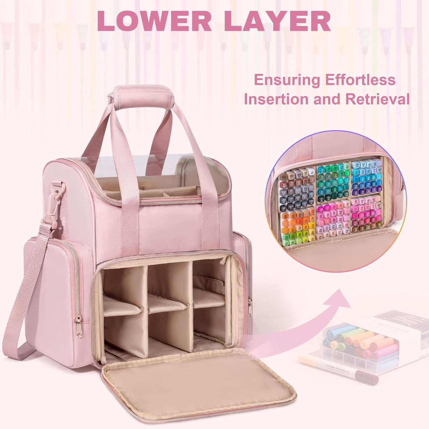 Double Layer Marker Organizer Bag for 400 Markers with Dividers and Pockets, Large Art Storage  for Coloring Supplies, Pink