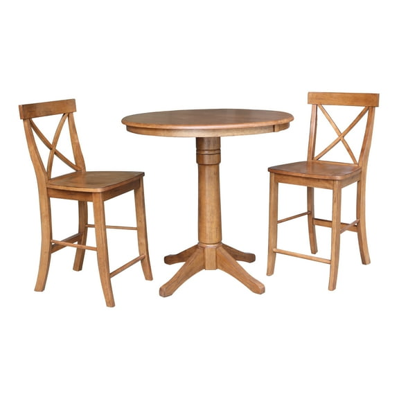 36" Round Solid Wood Extension Dining Table with 2 Cross Back Stools in Distressed Oak by International Concepts