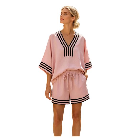 QGJZVUNL Boho 2 Piece Sets for Women Summer Outfits V Neck Top Elastic Waist Shorts Vacation Clothes Size 2XL