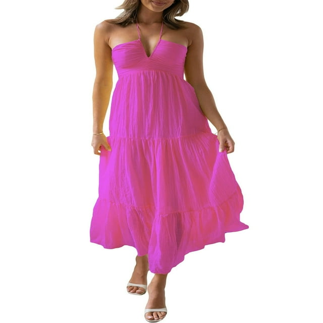 Robe Longue Dos Nu Sans Manches Ligne A Fluide pour Femmes Robe de Plage