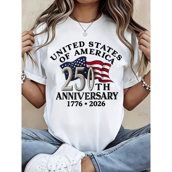 Women‘s 250 Year USA Anniversary Creative Trendy Short Sleeve Crew Neck T-Shirt, Breathable Soft Fabric Comfortable Outdoor Summer Beach Vacation Daily Everyday Fashion