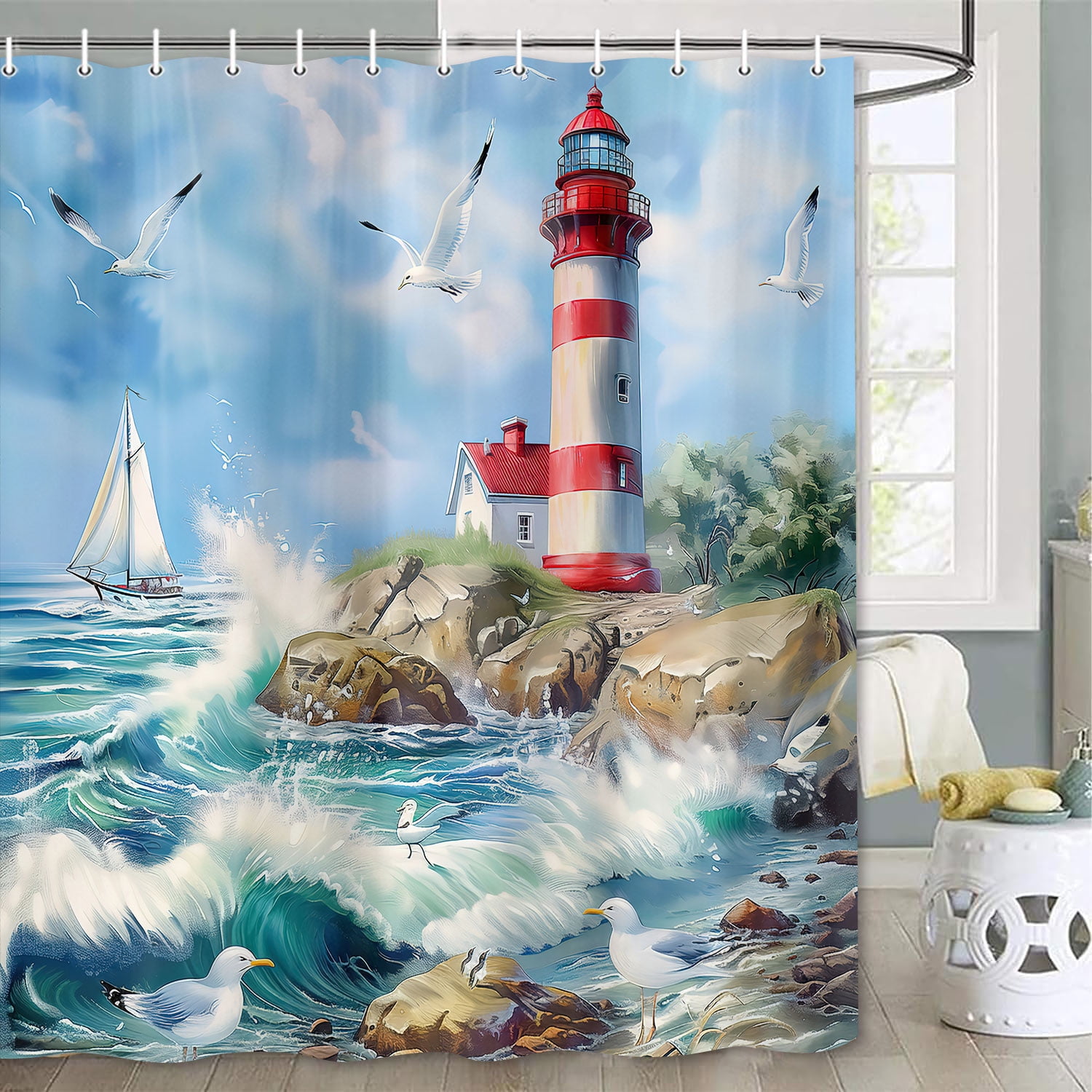 Lighthouse Shower Curtain,Ocean Wave Beach Seagull Shower Curtain for Bathroom Decor,Nautical Sailboat Blue Sky Lighthouse Cottage Bath Curtains,Washable Fabric Bathroom Decor with Hooks 70X70in