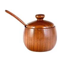 Sugar Bowl with Lid and Spoon Food Containers Lids Wood Carving Spice Jar Solid