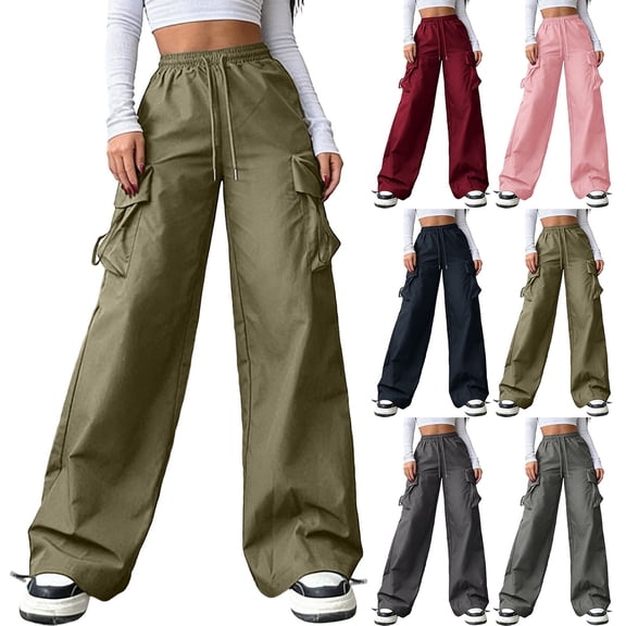 Fengqque Women's Casual Pants Oversized Wide Leg Cargo Trousers Dstring Elastic Waist Ankle Tie Pants with Pockets Wine XXS