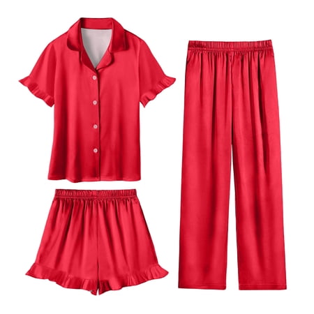 ITSAME Girls Outfit Set Button Up Short Sleeve Shirt with Elastic Waist Shorts and Pants Kids Home Clothes 3-Piece Red 13T