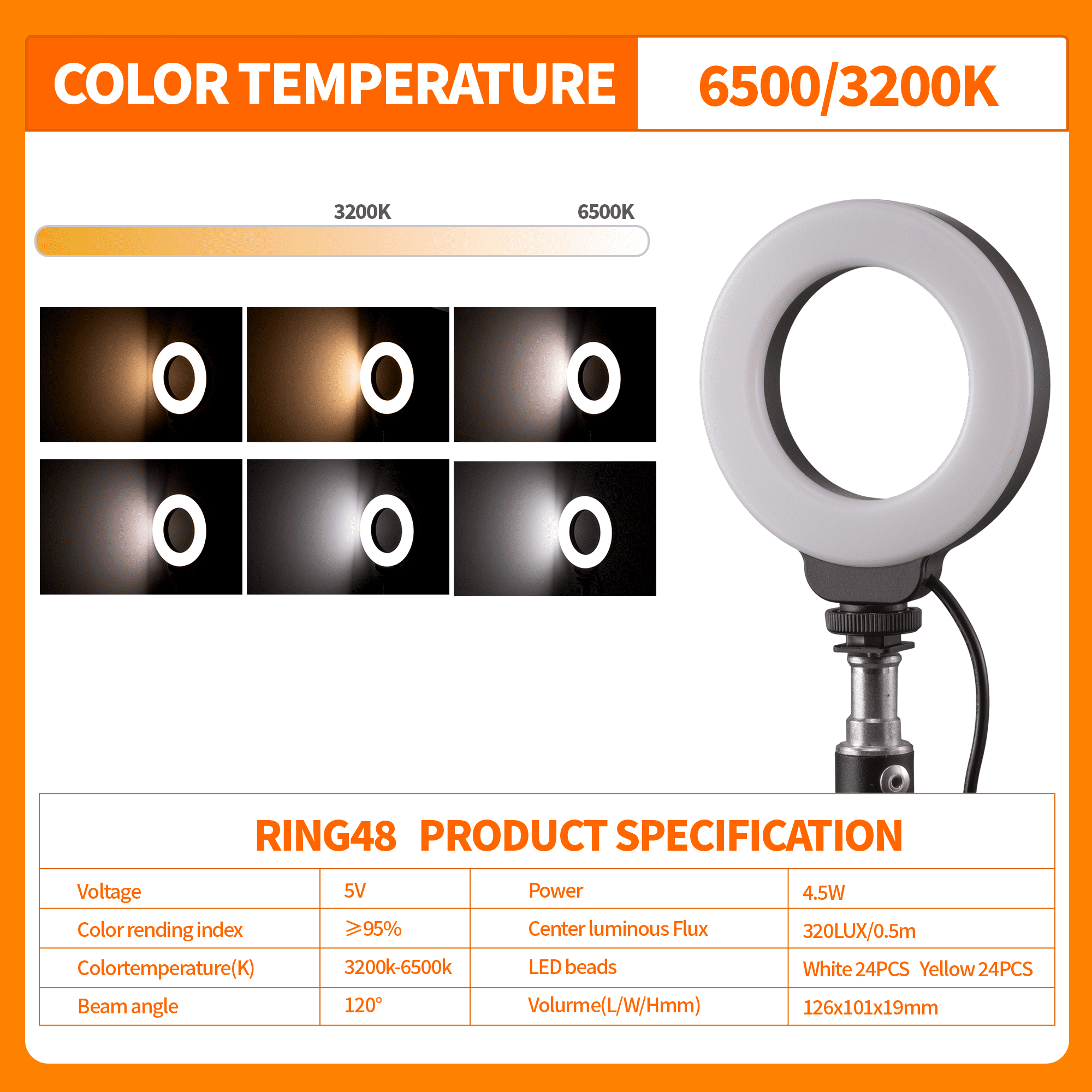 GANGXUN GANGXUN 4" Ring Light with Stand, 48 LED 3200-6500K, 95 CRI, USB Powered for Streaming, Video, Makeup