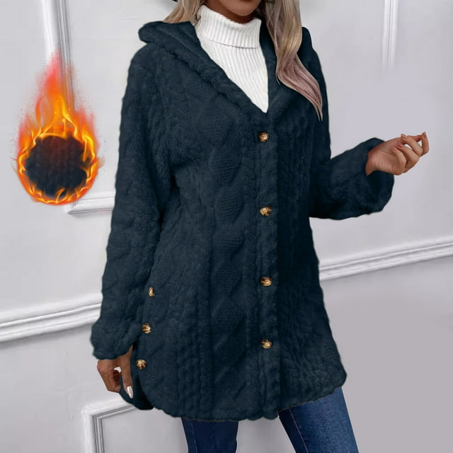 Chaquetas y abrigos casuales con capucha de manga larga para mujer, chaqueta cálida de invierno con capucha de manga larga, chaqueta de felpa con botones de color liso, blusa para mujer
