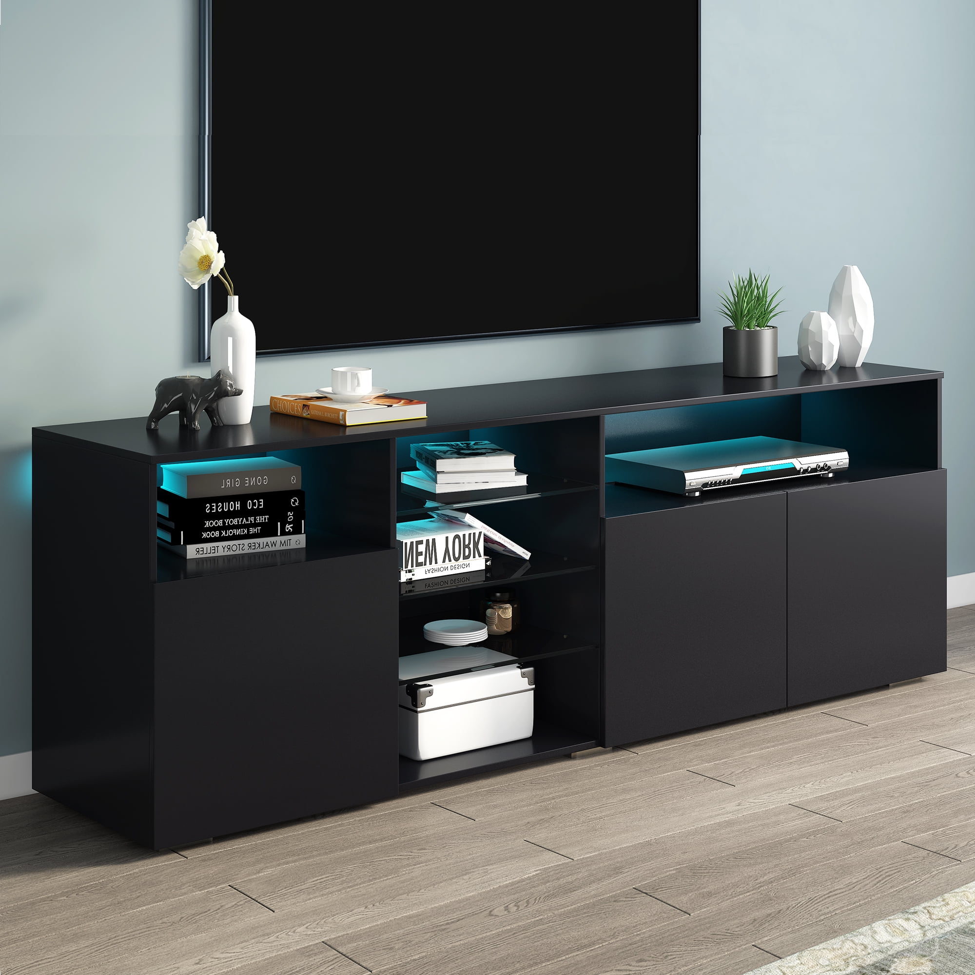 Modern Black TV Stand with 16 Colors LED Light for TV up to 70 Inches