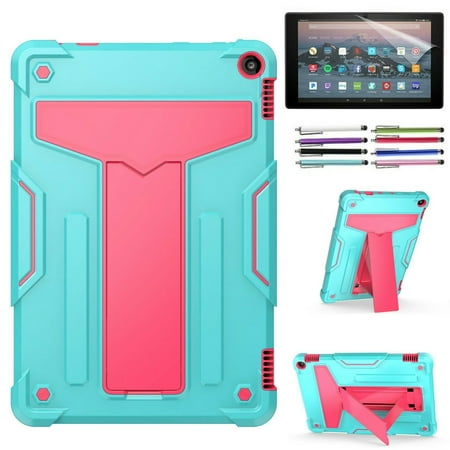 Epicgadget Case for Amazon Fire HD 10 / Fire HD 10 Plus Tablet 10.1  (11th Generation  2021 Released)- Shockproof Rugged Hybrid Cover with Kickstand + 1 Screen Protector and 1 Stylus (Teal/Pink) Dual Layer Protective Cover Hybrid Case For Amazon Fire HD 10 and Amazon Fire HD 10 Plus 10.1 inch Tablet (Latest Model  2021 Release)