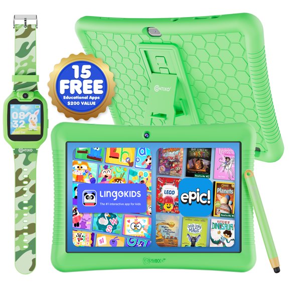 Contixo 10" Kids Tablet & Smart Watch Bundle, Epic & Lingo Kids, 14 Apps, Parental Controls, Case, Stylus & Watch, Ages 3-12 - GREEN
