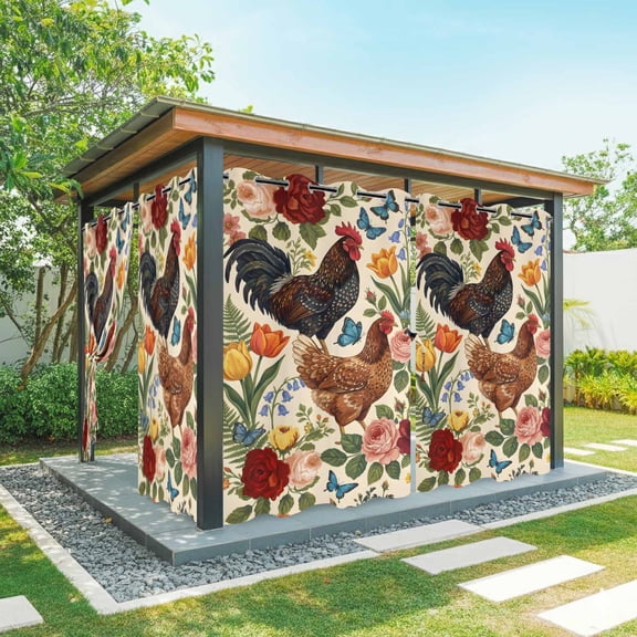 Rooster Floral Outdoor Curtains for Patio Waterproof, Grommet Outdoor Privacy Panels, Farmhouse Spring Flowers Butterflies Weatherproof Outside Curtains for Porch/Cabana 54"Wx95"L, 2 Panel