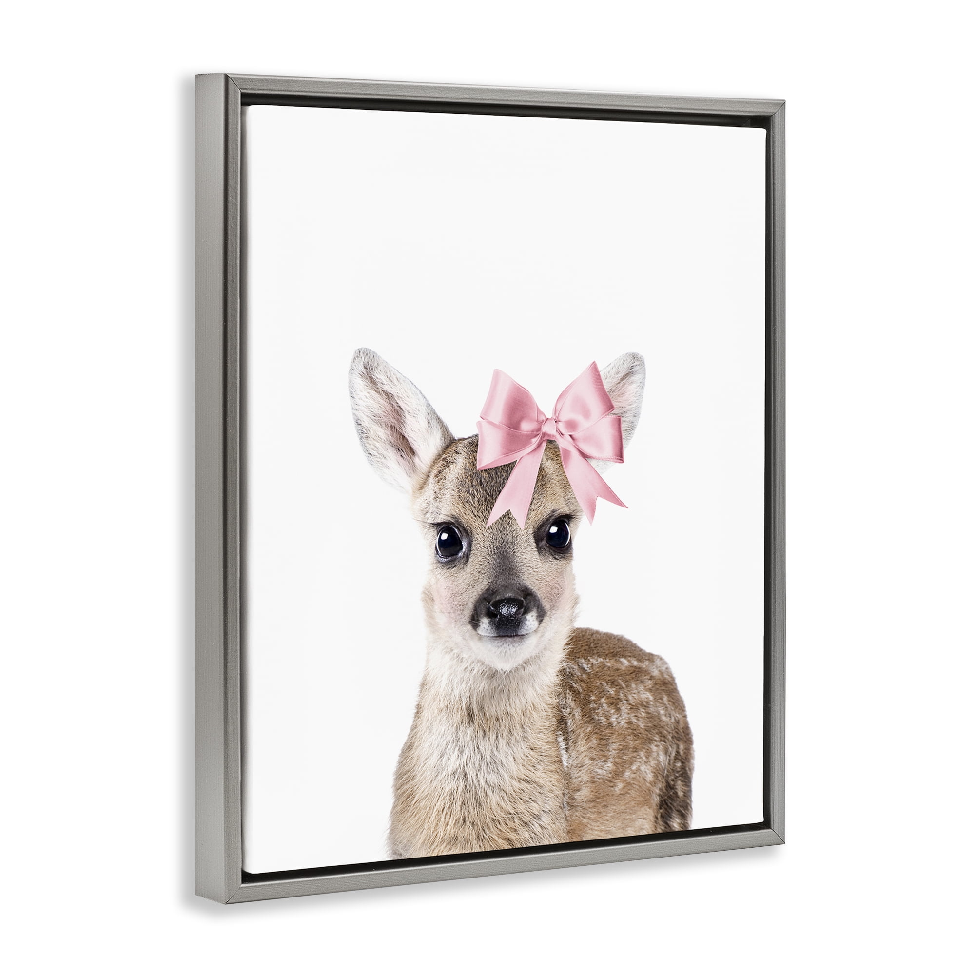 Stupell Industries Fawn with Pink Bow Animals Painting Gray Floater Framed Canvas Art Print Wall Art, 25 x 31