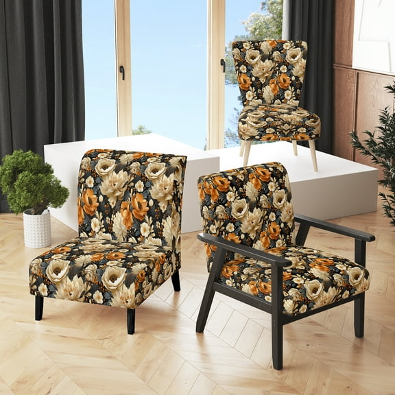 Designart "Fall Floral Cottage II" Brown Flower Pattern Upholstered Accent Chair - Cottage Arm Chair For Living Room