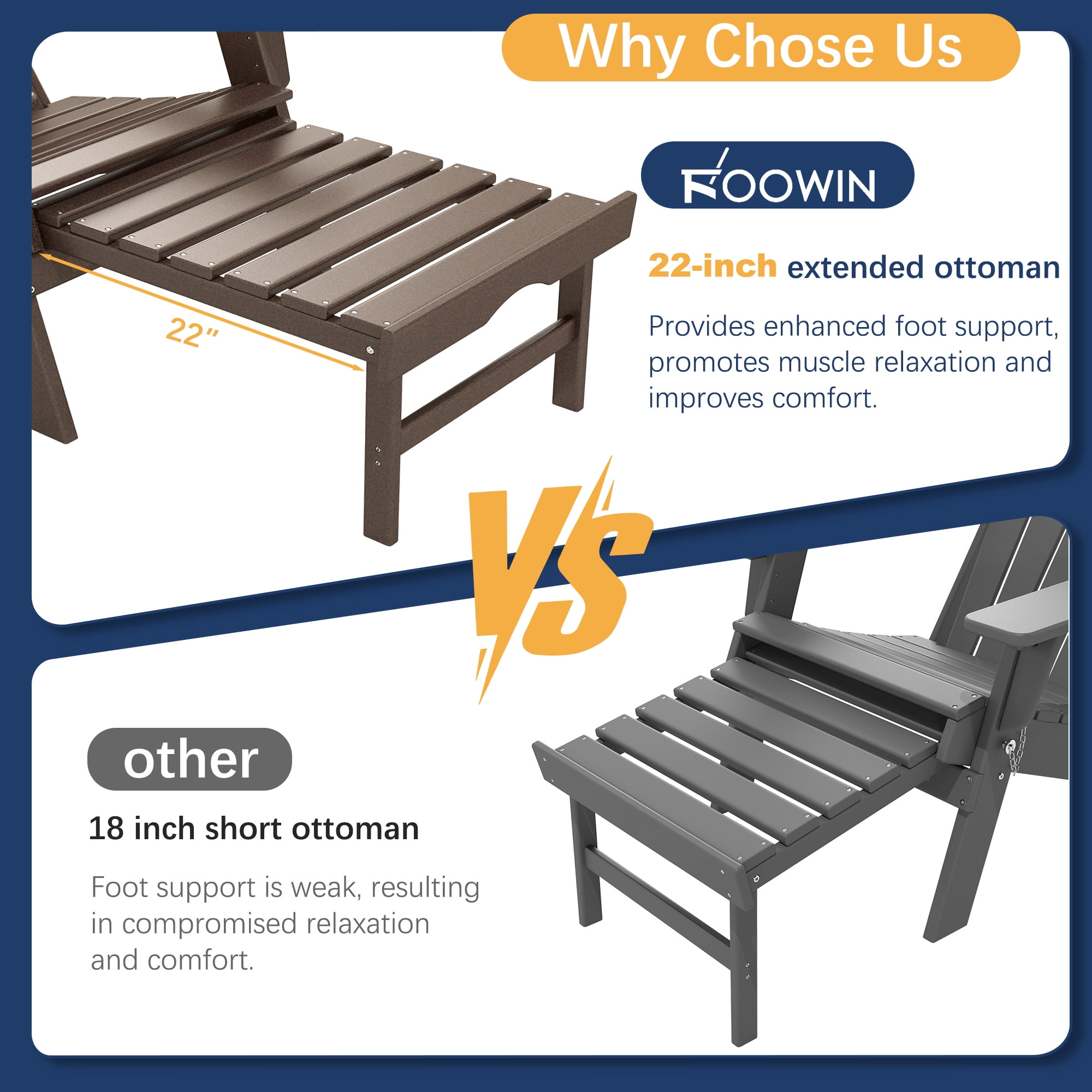 2PCS Folding Adirondack Chair with Ottoman, Adjustable Backrest Plastic HDPE Adirondack Chairs w/4 in 1 Cup Holder Tray, Coffee