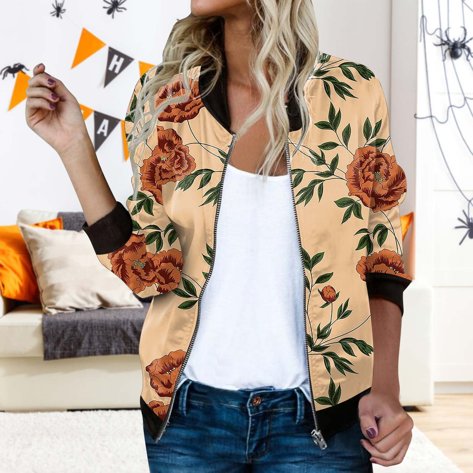 Women's Casual Floral Print Lightweight Zip Up Jacket Stand Collar
