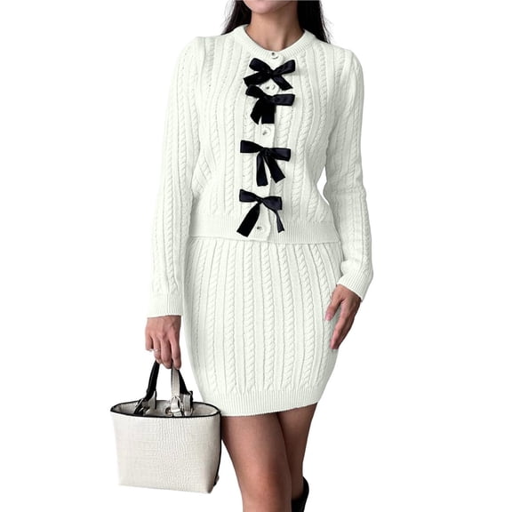 Fall Sweater Sets Skirt Sets Women 2 Piece Outfits Long Sleeve Top and Skirts Set Loungewear White XL