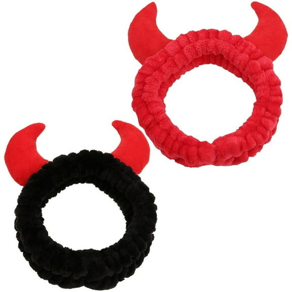 2-Pack Plush Devil Horn Headband for Spa, Makeup, and Themed Parties (Black/Red)