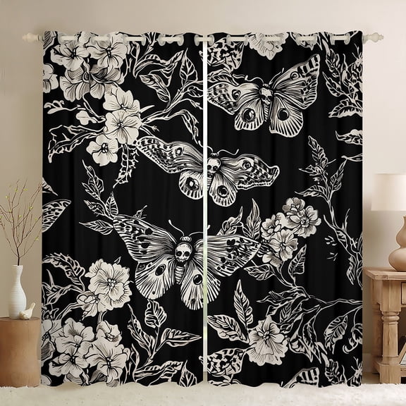 jejeloiu Gothic Skull Skeleton Black Out Curtains,Boho Bohemian Moth Curtains Pack of 2 (42x63 Each),Beige Black Bedroom Curtains For Men Women,Microfiber Bedroom Decor
