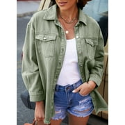 Eytino Womens Oversized Denim Jacket Casual Long Boyfriend Jean Jacket for Autumn Spring Green L Female