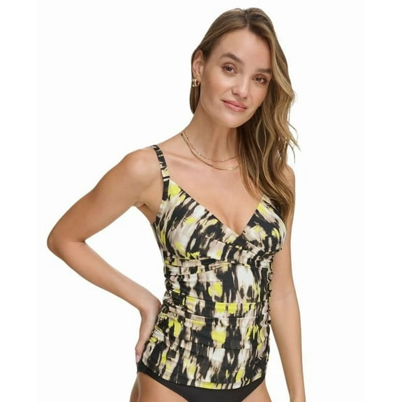 DKNY Womens Twist-Front Tankini To Fluro Yellow Multi Smudged Ab M