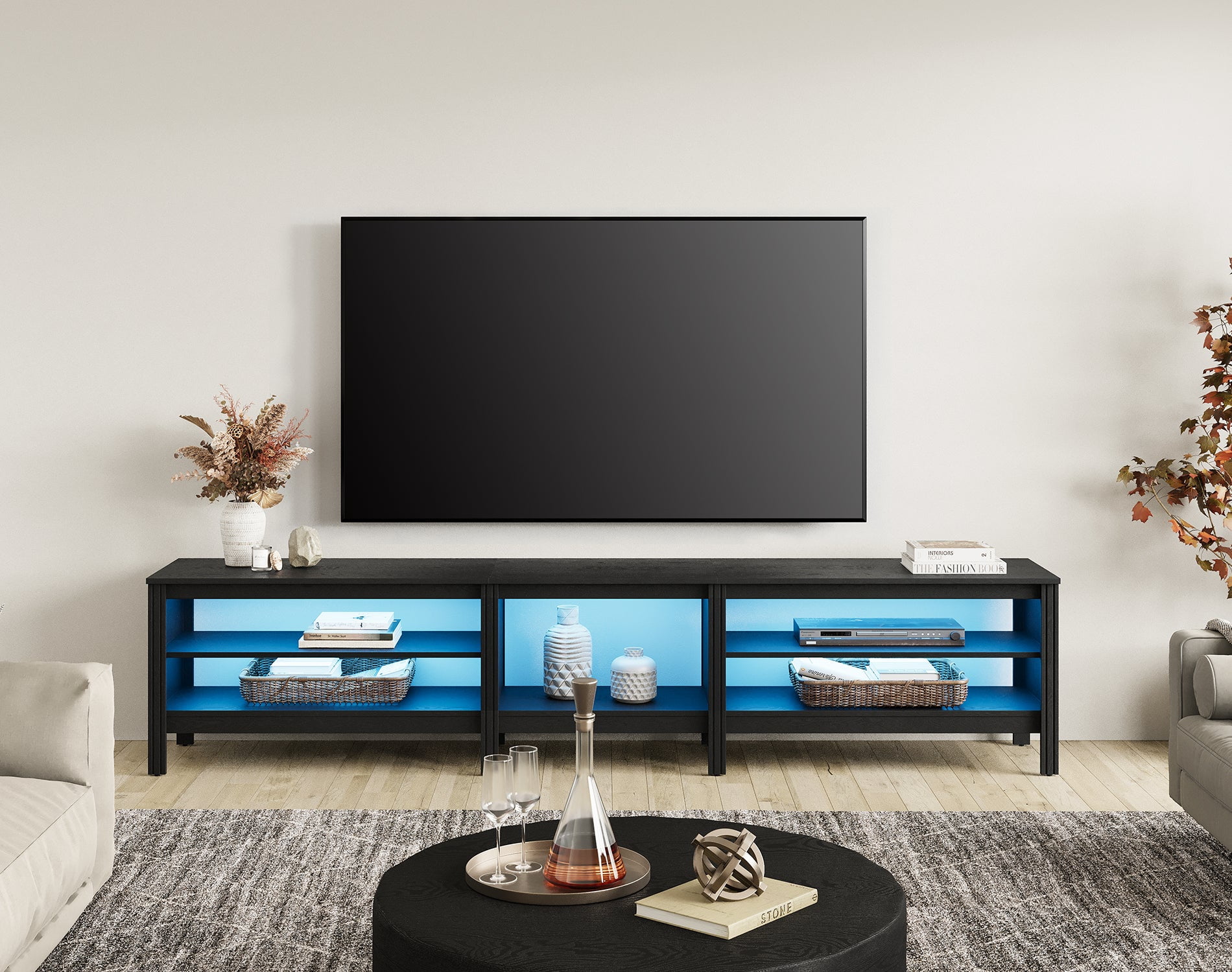 Fitueyes 94" Mid-Century Modern TV Stand for 85-100" TVs, Home Entertainment Center with Open Shelves & LED Light for Living Room, black