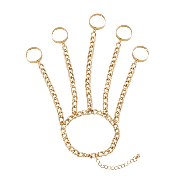 kurtrusly Fashion Wrist Chain Alloy Punk Rings Bracelet Jewelry Gift Hand Chain Gold 16cm + 5cm 1Set