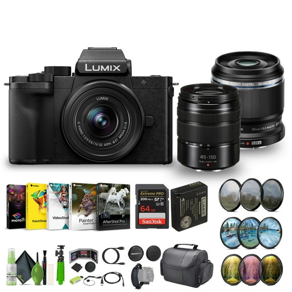 Panasonic Lumix G100D 4K Mirrorless Vlogging Camera, Youtube Vlogger Kit Bundle with 12-32mm Lens and G Vario 45-150mm + M.Zuiko Digital ED 30mm f/3.5 Macro Lens Micro Four Thirds + Vlog Accessories