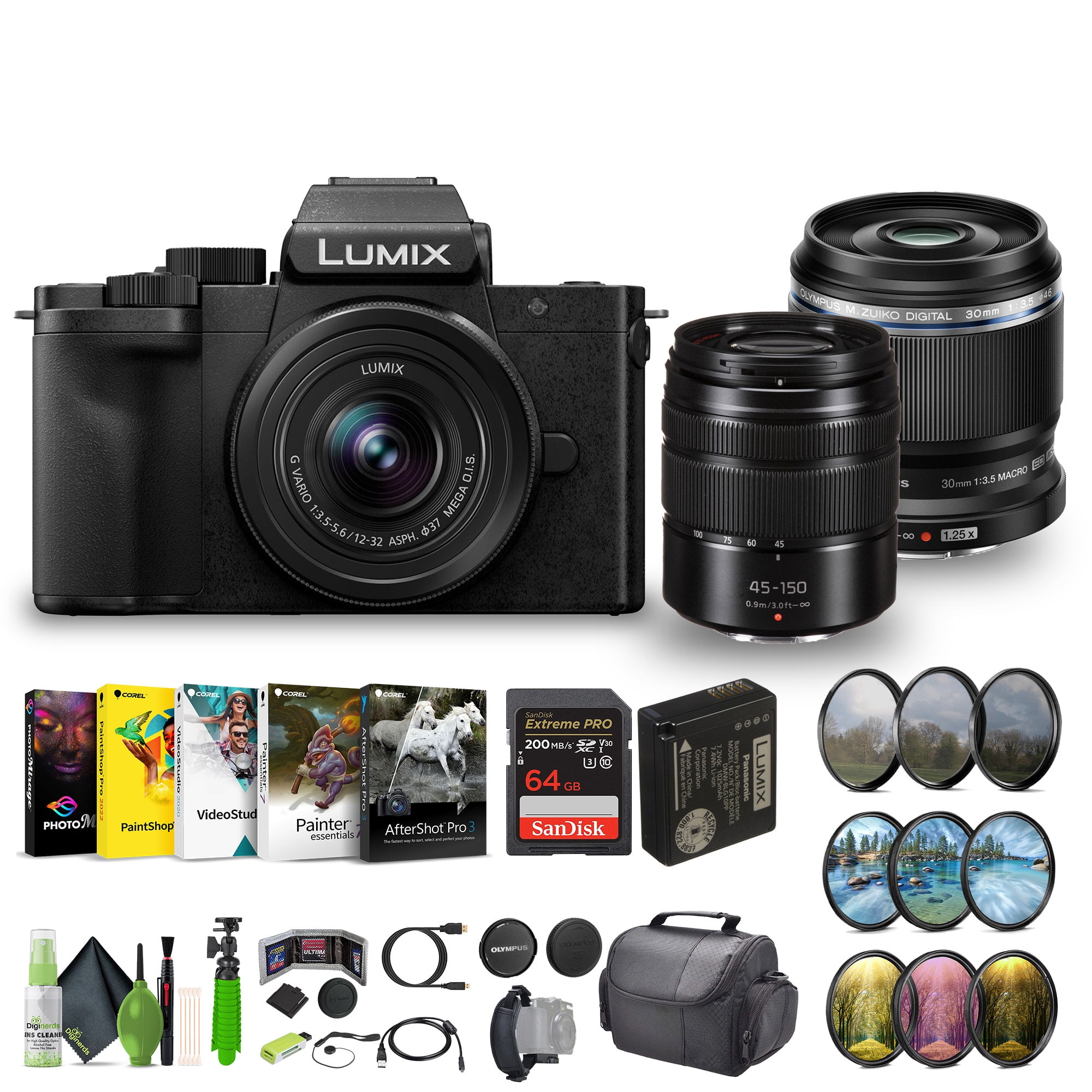Panasonic Lumix G100D 4K Mirrorless Vlogging Camera, Youtube Vlogger Kit Bundle with 12-32mm Lens and G Vario 45-150mm + M.Zuiko Digital ED 30mm f/3.5 Macro Lens Micro Four Thirds + Vlog Accessories