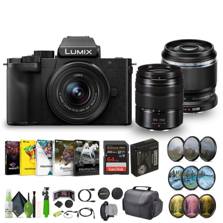 Panasonic Lumix G100D 4K Mirrorless Vlogging Camera, Youtube Vlogger Kit Bundle with 12-32mm Lens and G Vario 45-150mm + M.Zuiko Digital ED 30mm f/3.5 Macro Lens Micro Four Thirds + Vlog Accessories