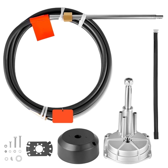 KFFKFF Boat Steering System, 17 ft Control Cable Rotary Kit with Aluminum Alloy Helm, Durable Marine Replacement for Fishing Boats, Sailboats, Speedboats, and Lifeboats