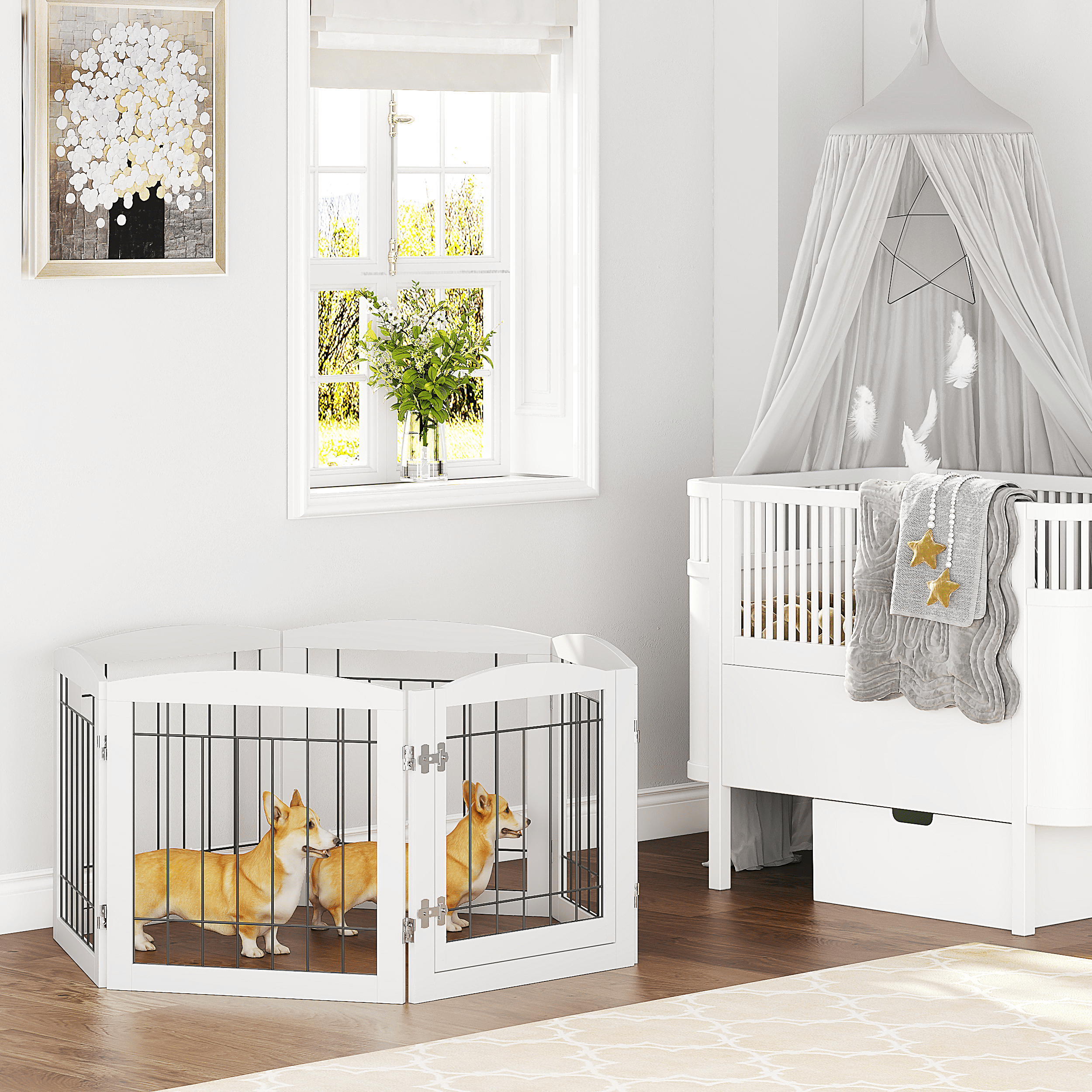 STAROUS Extra Wide Wooden Dog Gate with Convenient Walk-Through Door: Secure Pet Barrier for Home - Suitable for Doorways, Stairs, and Openings, 110" Wide, 6 Panels (White)