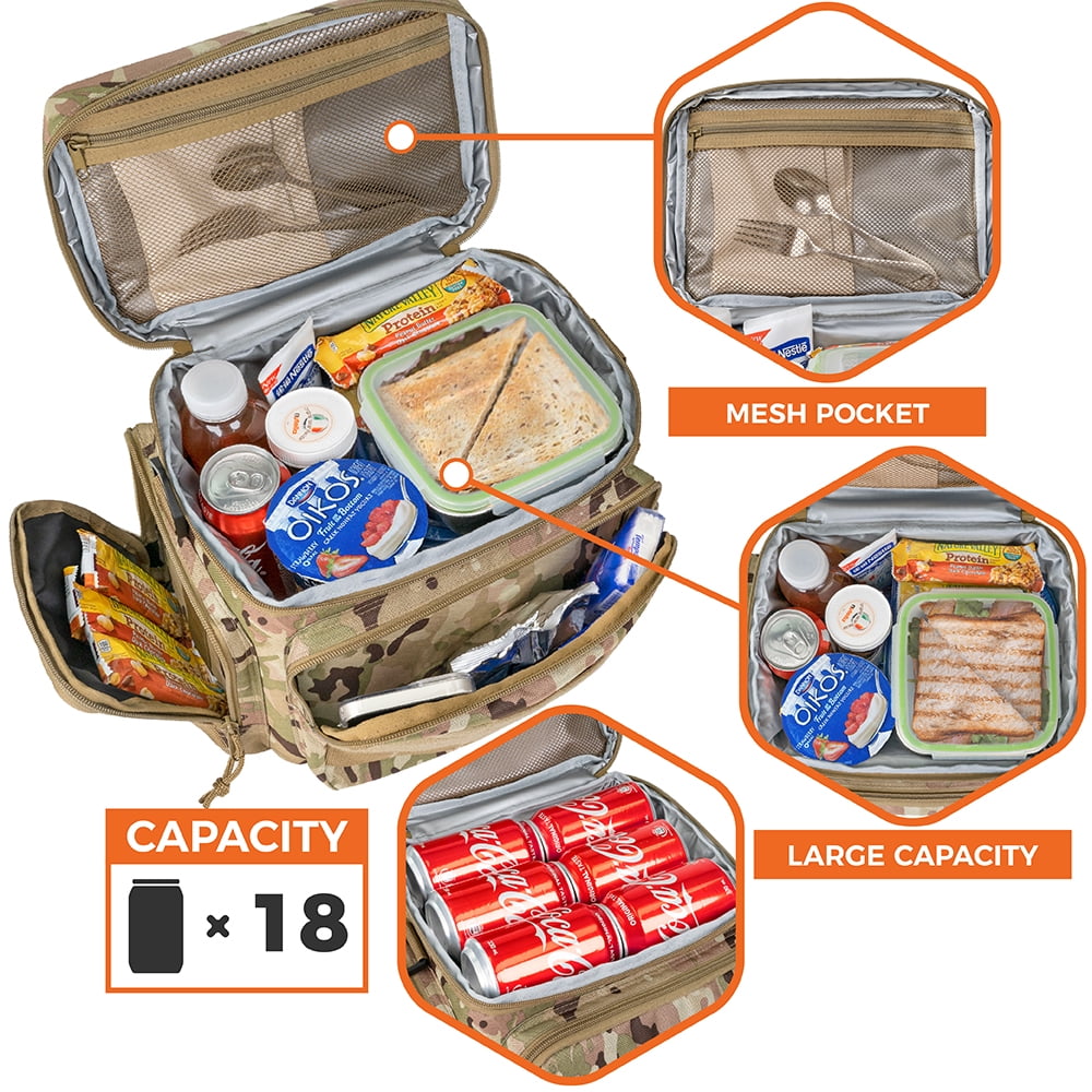 OPUX Tactical Lunch Box for Men, Camo Mens Insulated Lunch Bag for Adult, Leakproof Soft Lunch Cooler with MOLLE Mesh Side Pockets, Multicam Heavy Duty Lunchbox Pail for Work Women, Large, 18 Cans