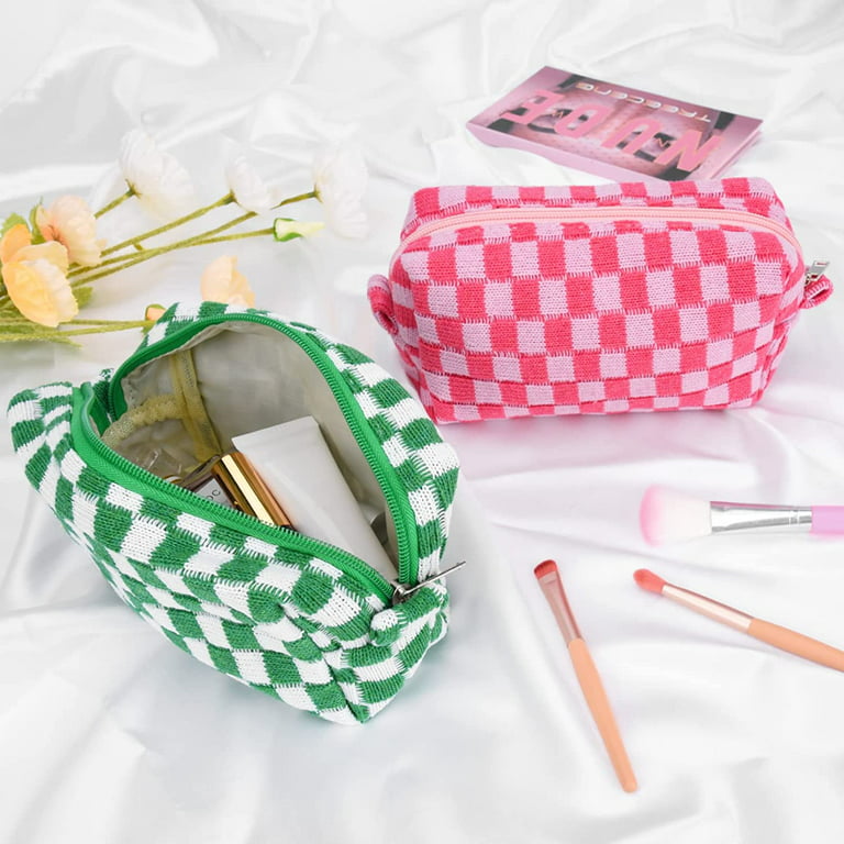  SOIDRAM Makeup Bag Checkered Cosmetic Bag Brown Makeup Pouch  1Pcs Large Capacity Makeup Bags and 1Pcs Makeup Brushes Storage Bag Travel Toiletry  Bag Organizer : Beauty & Personal Care