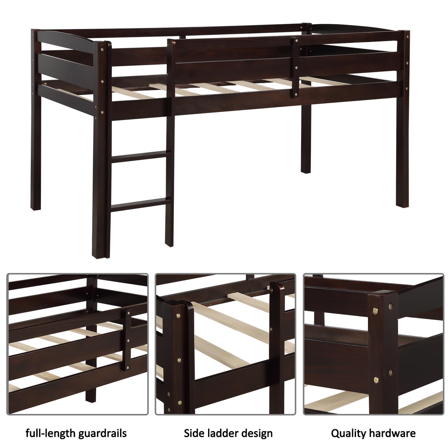 Euroco Wood Loft Bed with Ladder, Twin Size for Kids Teens, Espresso