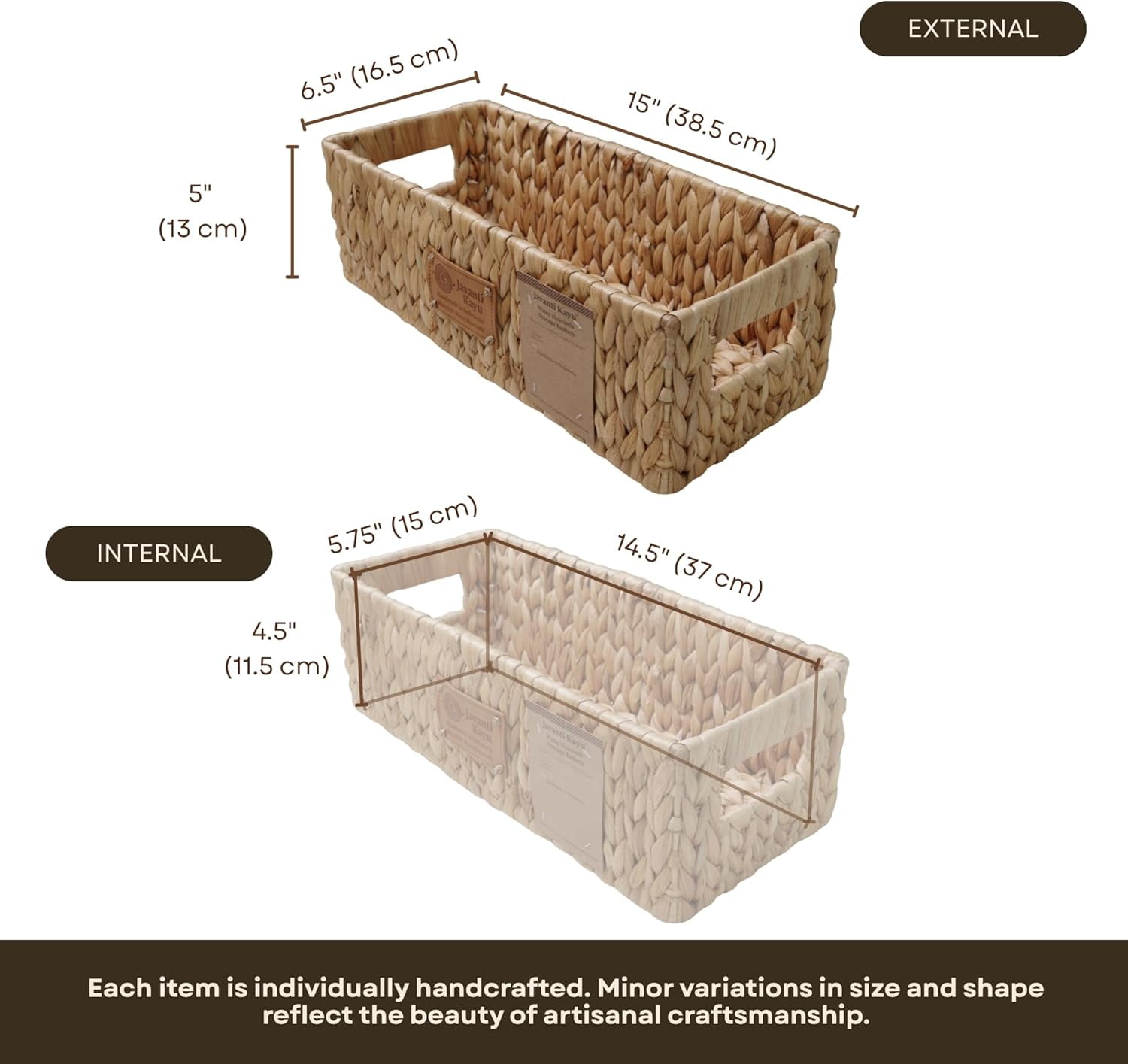 JAVANTI KAYU - Handmade Water Hyacinth Wicker Storage Basket with Handles – Rectangle Organizer Bin for Shelves, Blanket, Bathroom, Closet – Stackable – Decorative & Durable (Long: 15" x 6.7" x 5")
