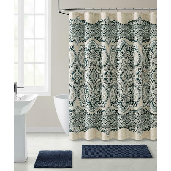 French Chateau Navy Blue Paisley Chic Premium Fabric Shower/Bath Curtain - 70 in. W x 72 in. L (Standard Size)