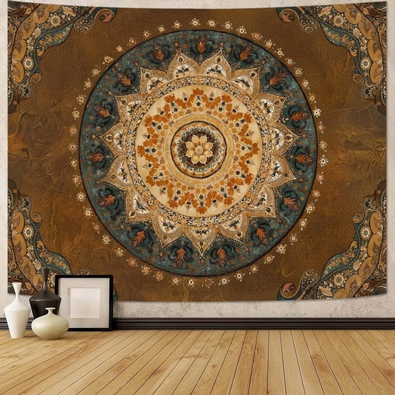ARLAJO Boho Mandala Tapestry Wall Hanging Hippie Bohemian Floral Medallion Indian Tapestry Aesthetic Small Vintage Brown Yellow Meditation Tapestries for Bedroom Living Room Dorm Decor 48X36"