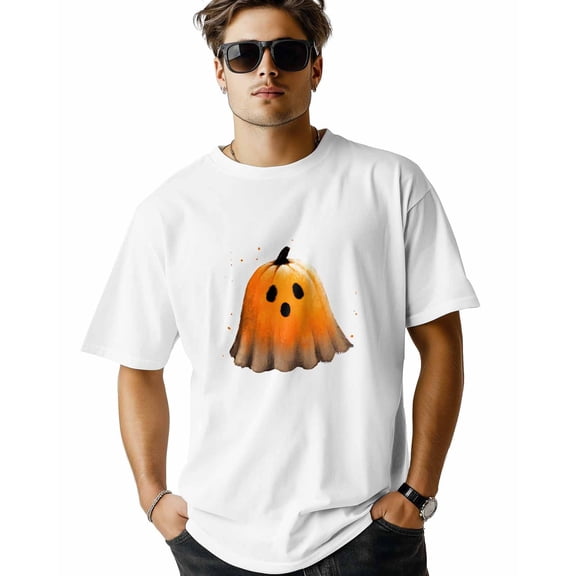 Men's T Shirts, Fall Orange Burqa Cartoon Ghost T-Shirt for Men Crew Neck Tees Cotton Tops, White, XS