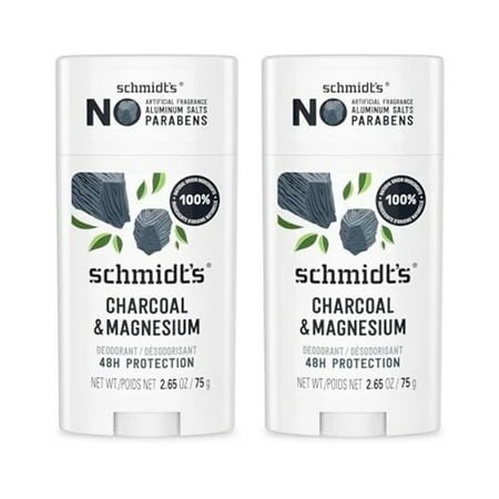Schmidt s Aluminum-Free Vegan Deodorant Charcoal Magnesium with 24 Hour Odor Protection  2 Count for Women and Men  Natural Ingredients  Cruelty-Free  2.65 oz