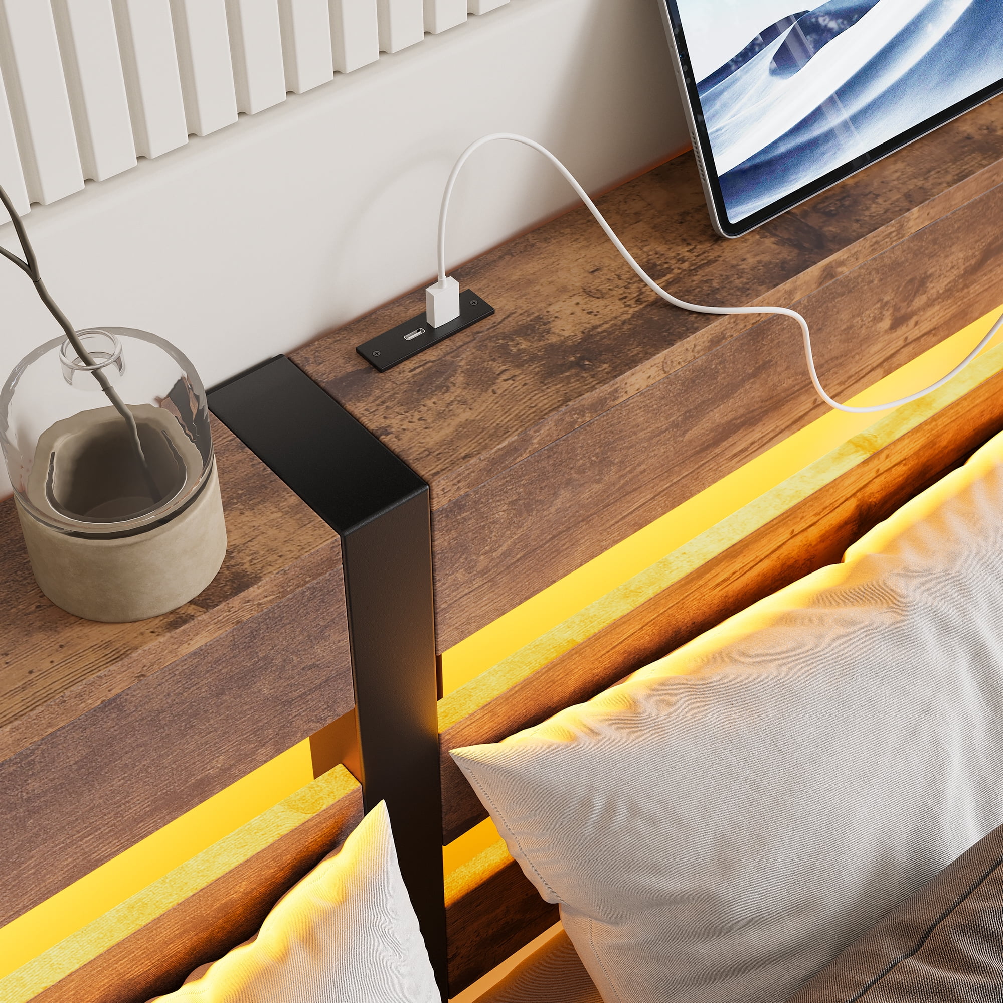 MAYEERTY Brown Full Heavy Duty Bed: Headboard, USB Charging, LED Lighting, No Box Spring​
