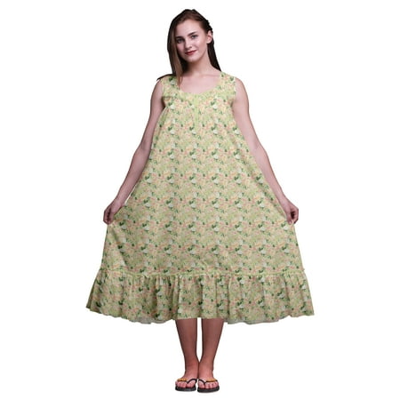 

Bimba Greenish Beige Floral Ranunculus Tango & Rose Printed Cotton Nightgowns For Women Sleeveless Gown Sleepwear Maxi Dress XX-Large