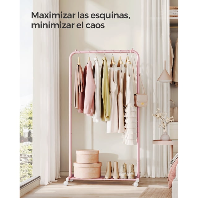 Perchero Burro con Ruedas, Perchero de Ropa, 40.5 x 74 x 158 cm, Estante de Malla Densa, 2 Frenos, Estructura de Acero, Blanco,Rosa Jalea