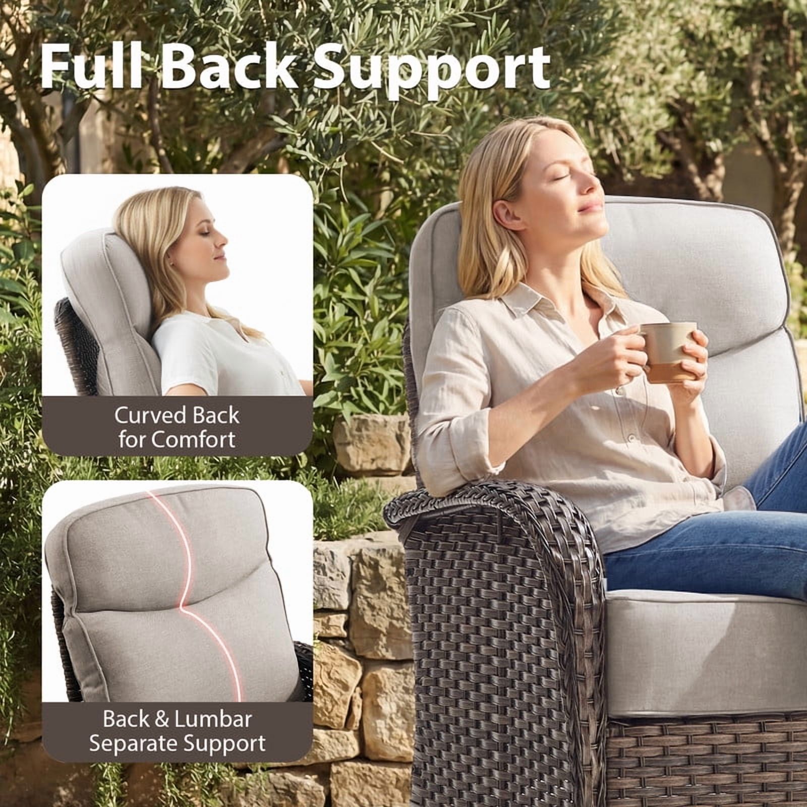 Giantfurnni 3-Piece Patio Wicker Swivel Rocking Chairs with Side Table Outdoor Rattan Conversation Furniture Patio Bistro Set with 6" Thick Cushions for Porch Garden Deck, Beige