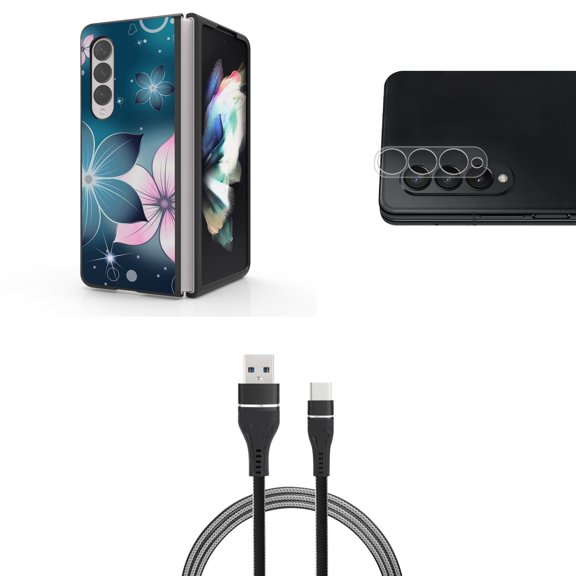 Accessory Bundle for Galaxy Z Fold 4: Slim Snap-On Case (Midnight Flowers), Rear Camera Glass Protector, Nylon Braided USB-C to USB-A Cable (3 Feet)