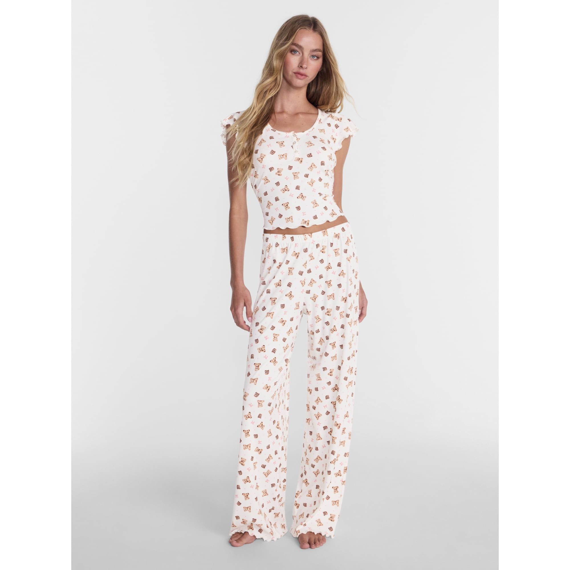 No Boundaries Henley Top and Pants Sleep Set, 2-Piece, Women's XS-XXL